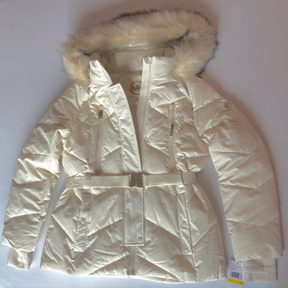 Michael Kors Bone White Coat Belted MK Jacket Fur Hood NWT $280 Super Vibrant - Picture 4 of 15